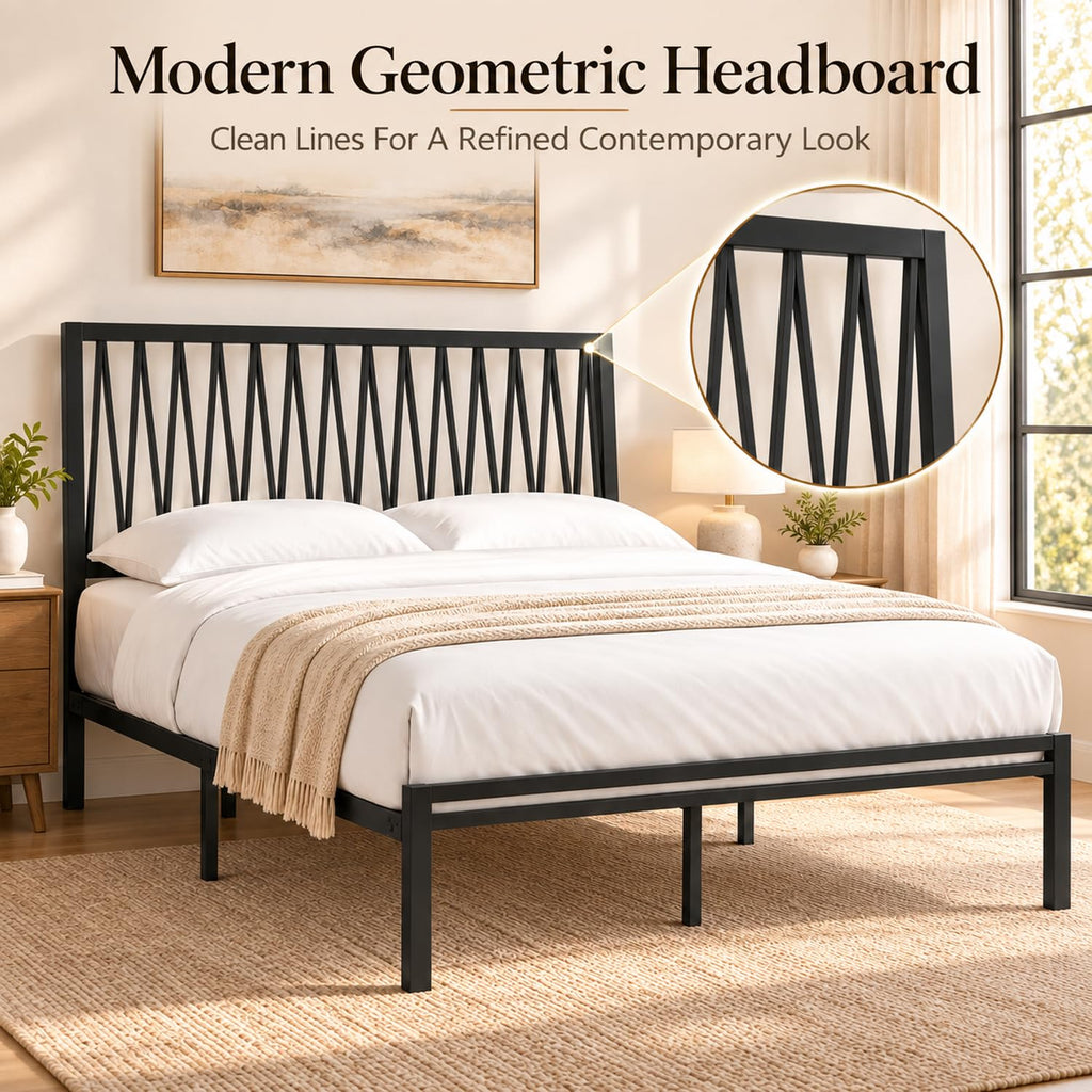 Black Metal Queen Bed Frame with Geometric Headboard Q760