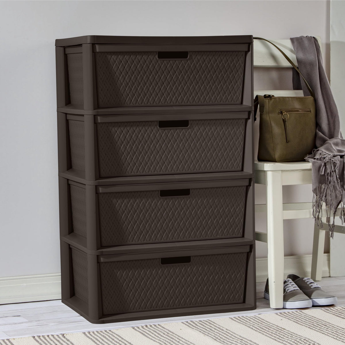 Brown 4 Drawer Plastic Storage Tower with Removable Bins P652267