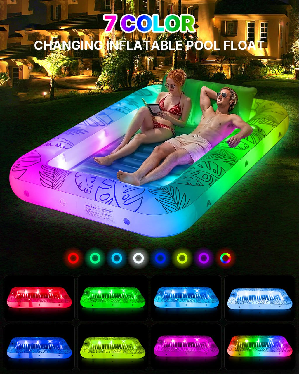 Inflatable Tanning Pool Float with Lights and Pillow D324