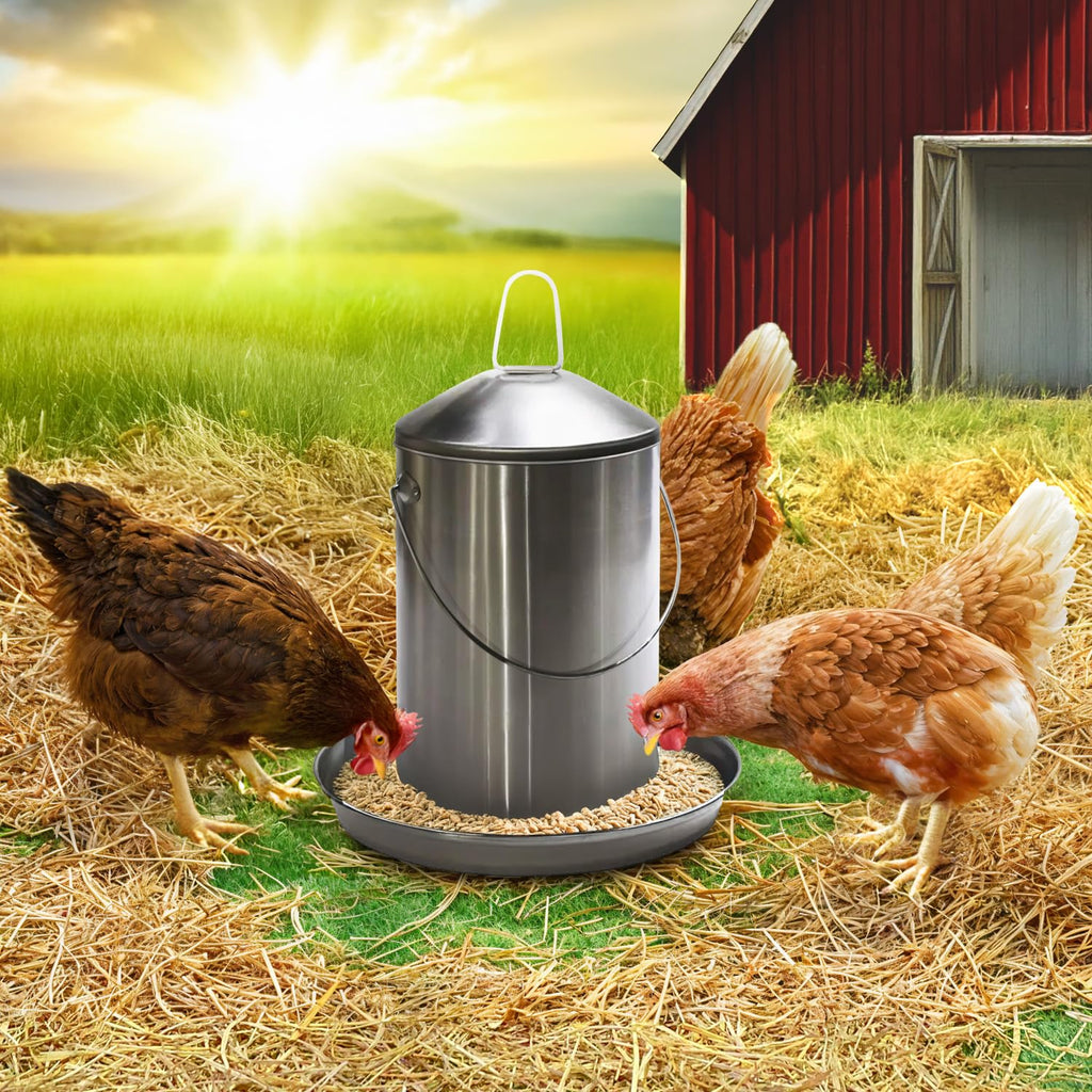 6.6 Lb Stainless Steel Hanging Poultry Feeder with 10 Gallon Storage Bucket Z134