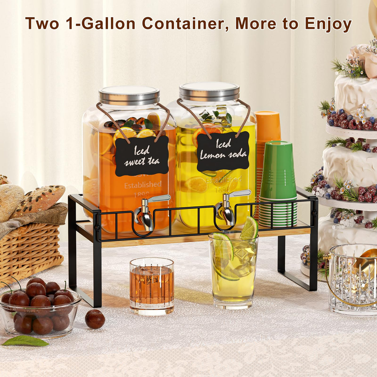 2 Pack 1 Gallon Glass Beverage Dispenser with Spigot and Ice Core Y7860