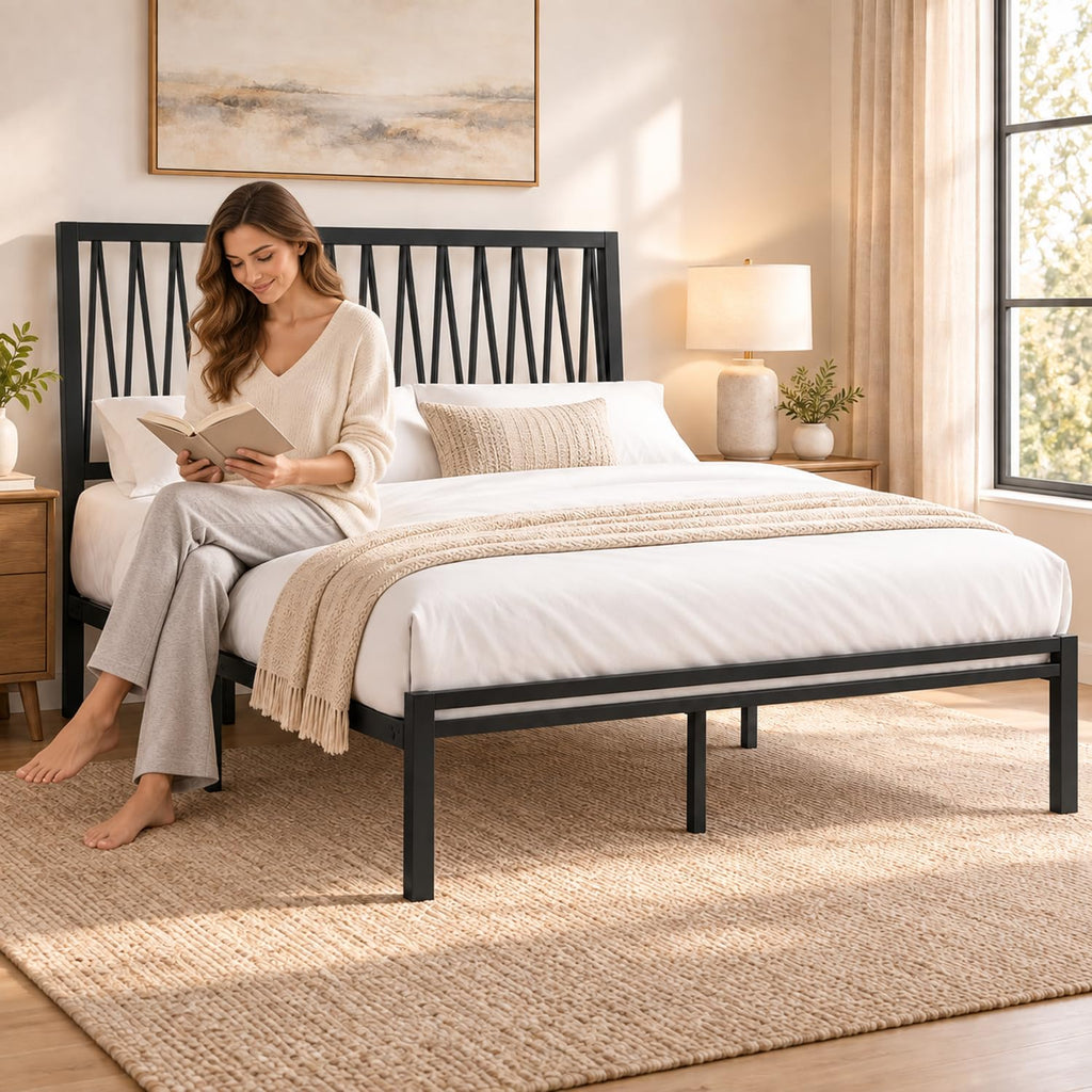 Black Metal Queen Bed Frame with Geometric Headboard Q760