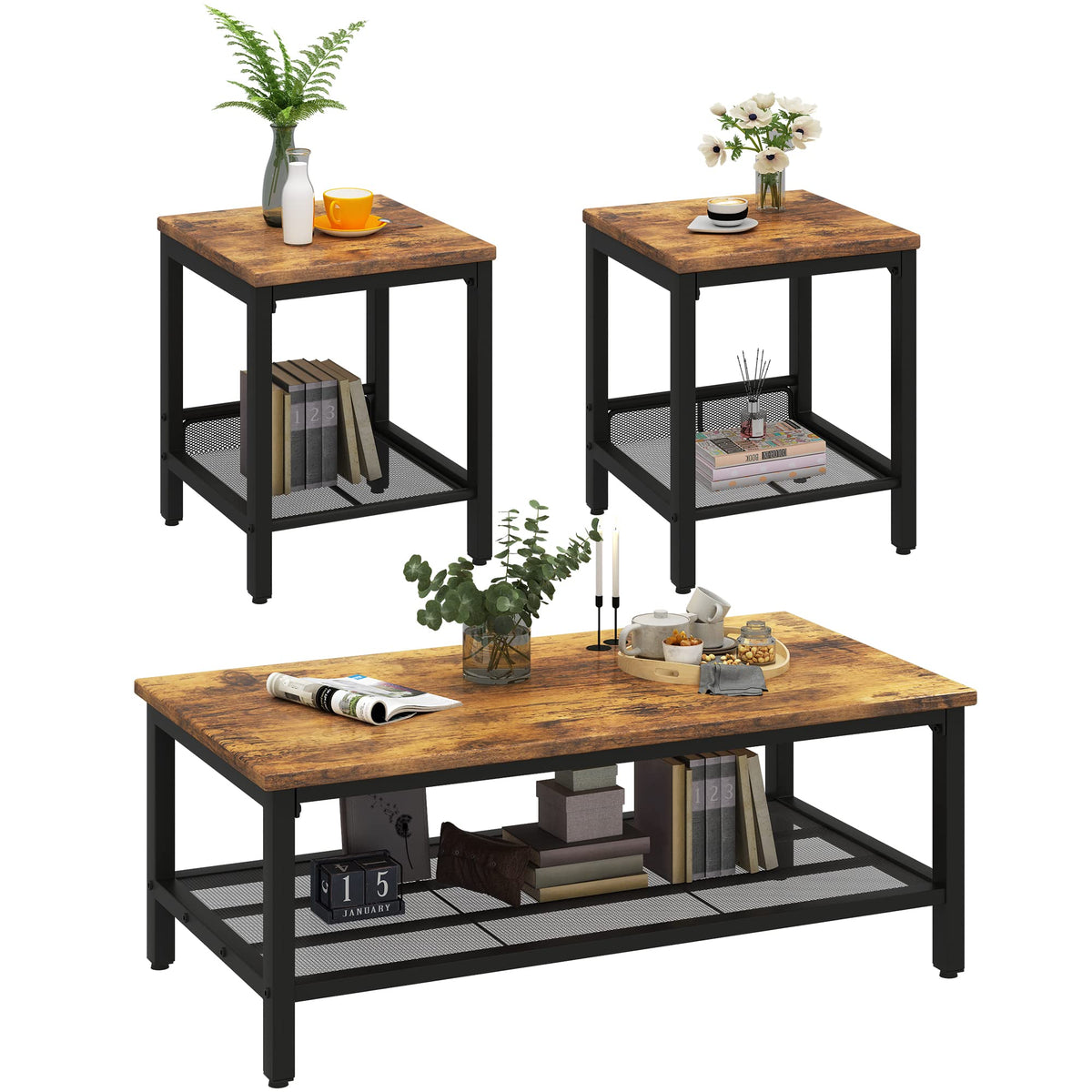 3 Pieces Coffee Table Set with 2 End Side Tables Y7096