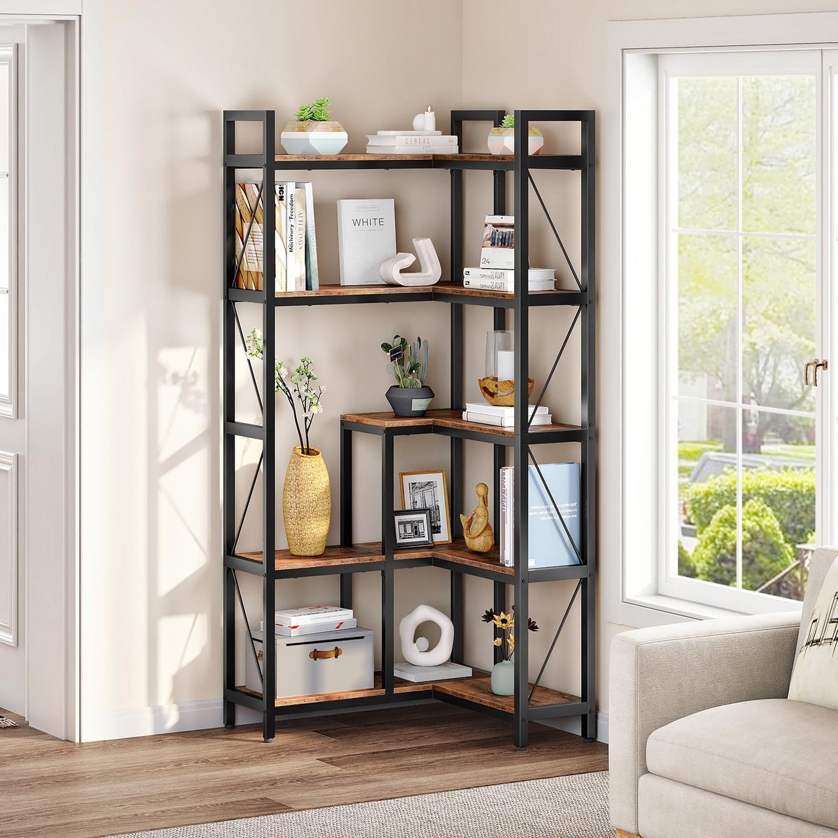 5-Tier L-Shaped Corner Bookshelf with Metal Frame F1566
