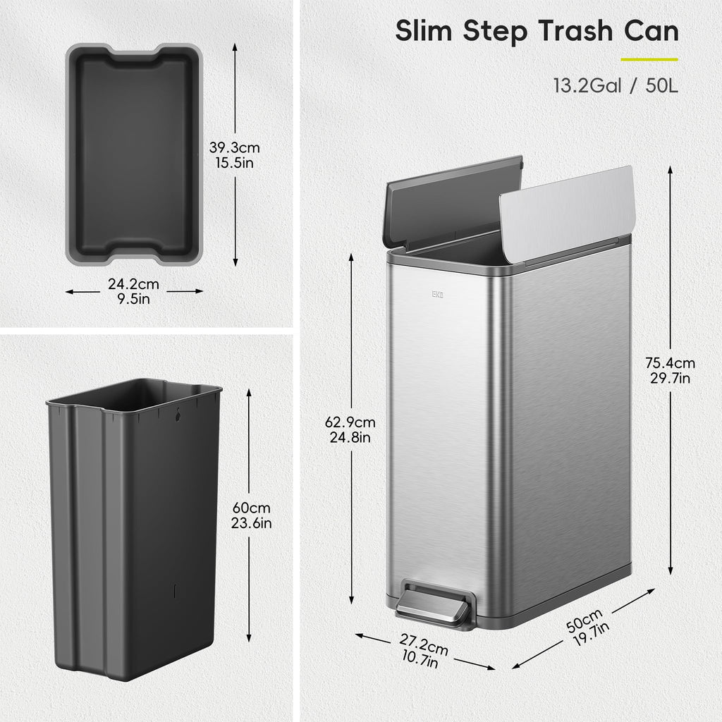 50L Stainless Steel Slim Step Trash Can E601