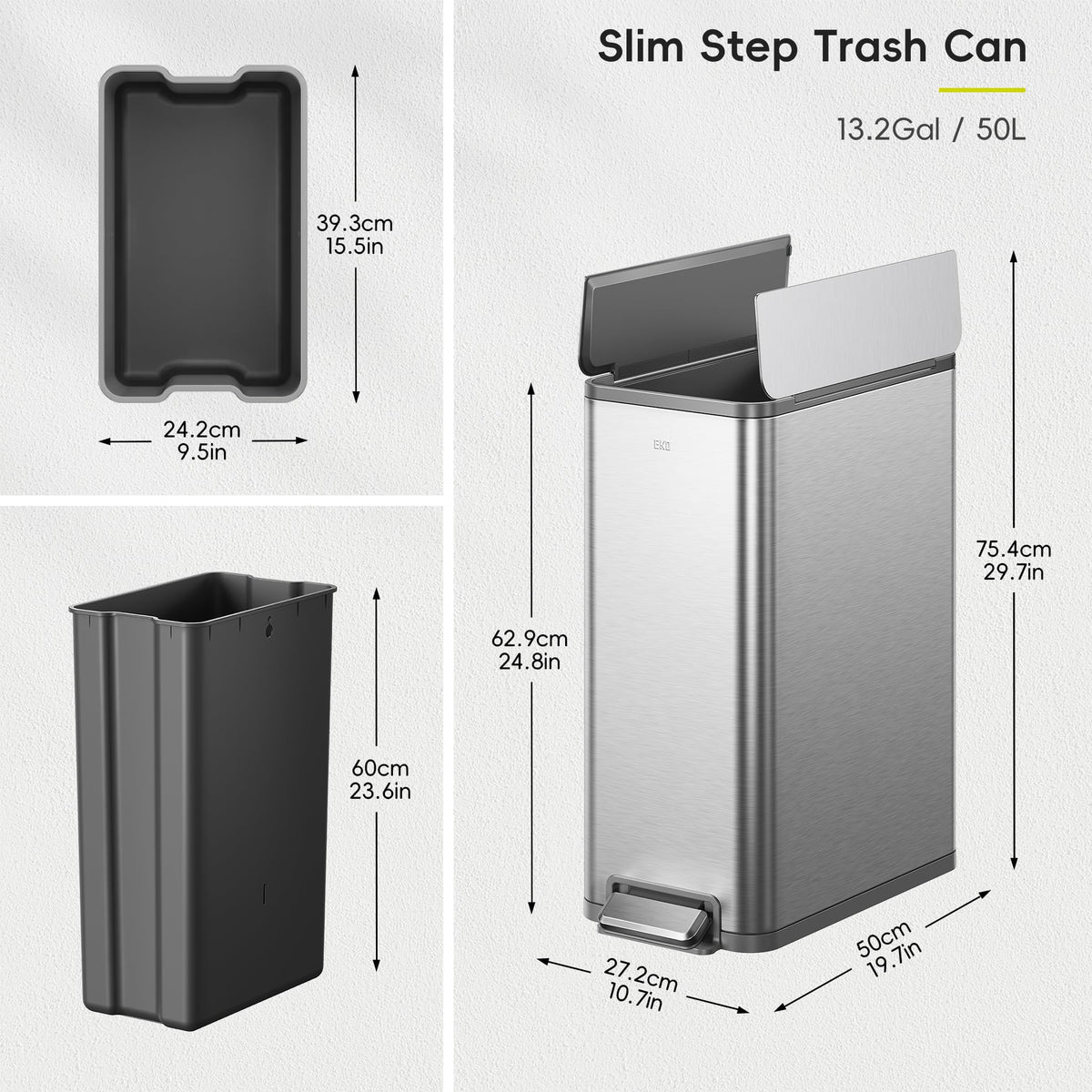 50L Stainless Steel Slim Step Trash Can E601