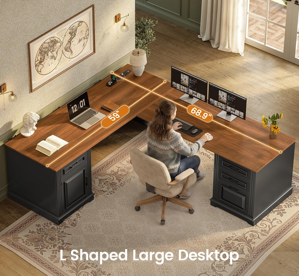 69" L Shaped Desk with Drawers and Storage Cabinet J97641