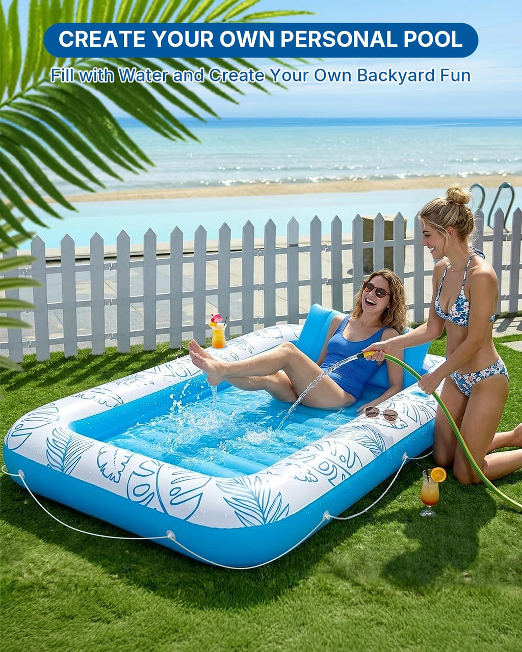 Inflatable Tanning Pool Float with Lights and Pillow D324