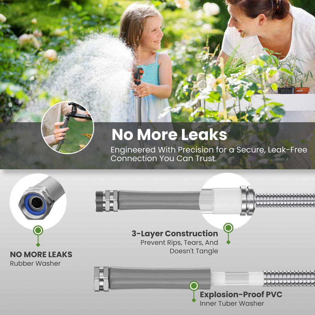 100ft Stainless Steel Garden Hose with Spray Nozzle E28465