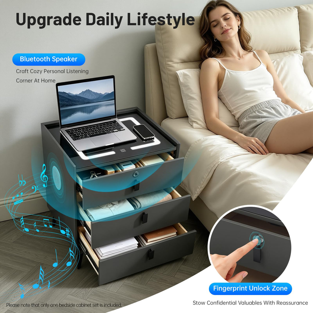 Fingerprint Lock Nightstand with USB & Wireless Charging and 3 Drawers A921787