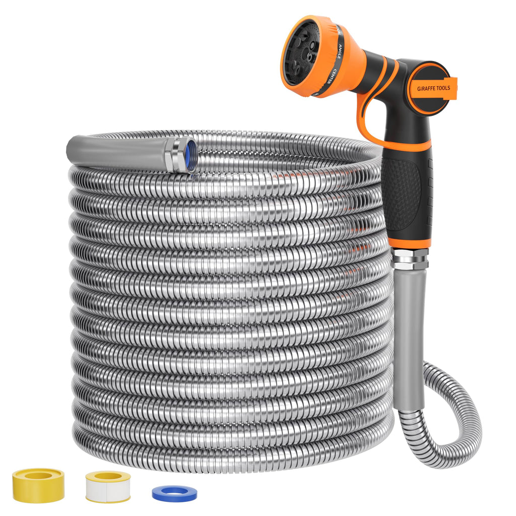 100ft Stainless Steel Garden Hose with Spray Nozzle E28465