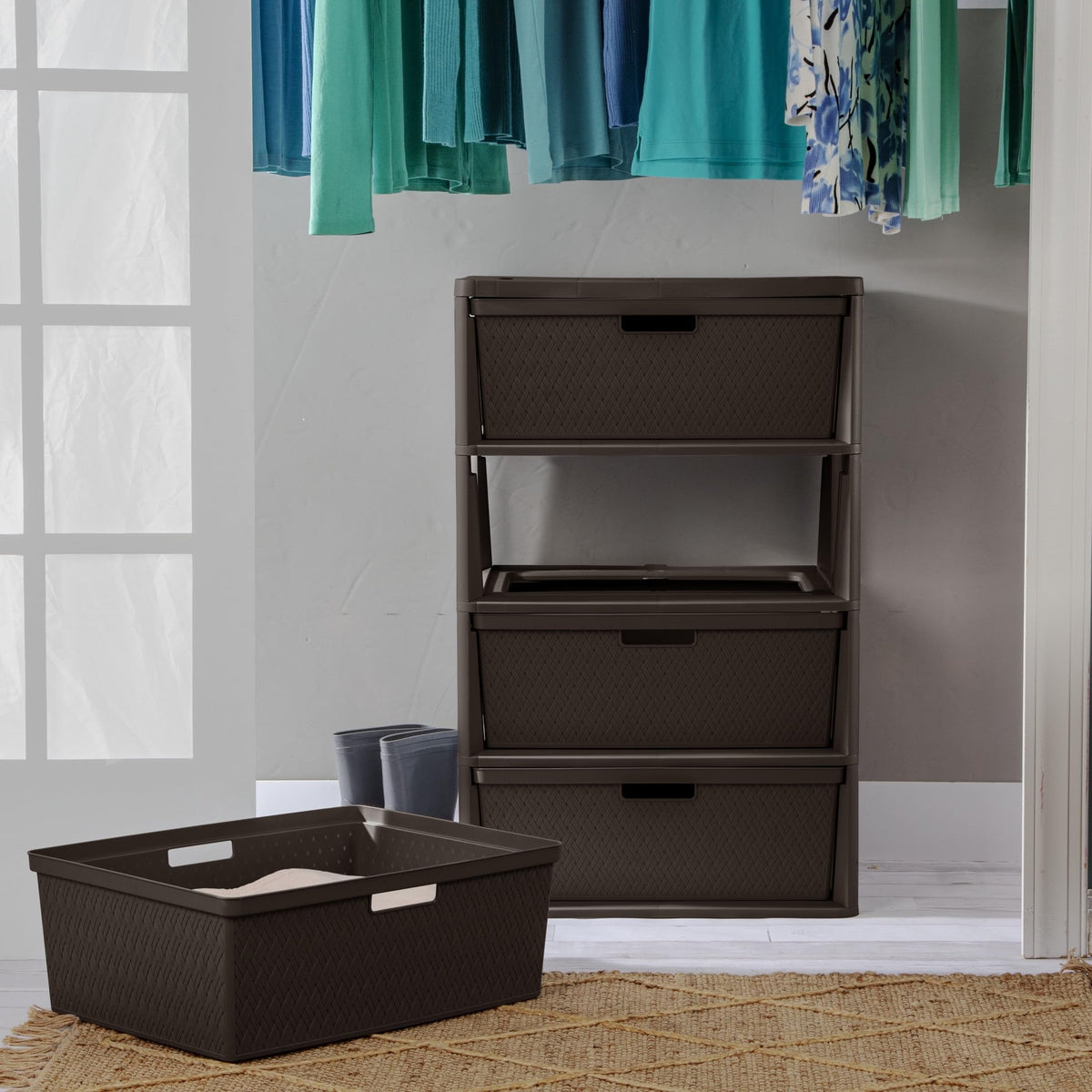 Brown 4 Drawer Plastic Storage Tower with Removable Bins P652267
