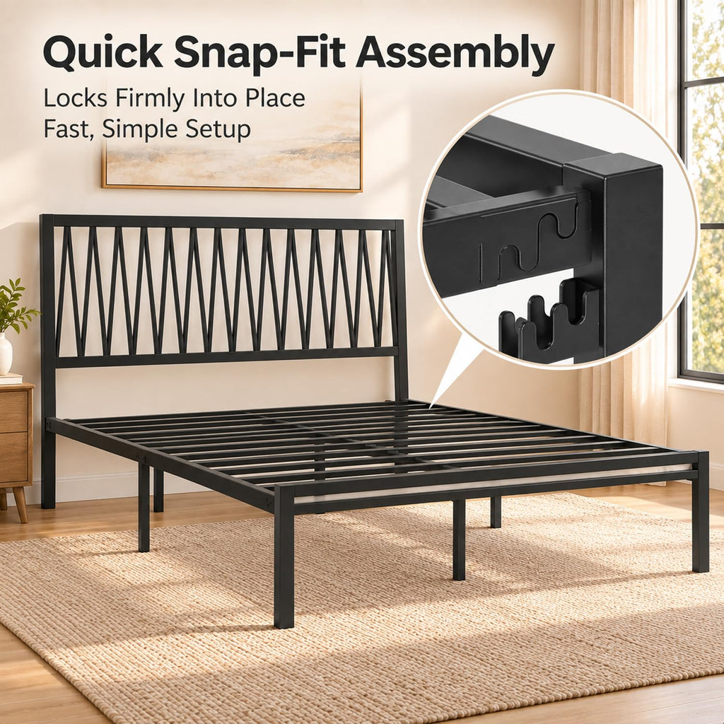 Black Metal Queen Bed Frame with Geometric Headboard Q760