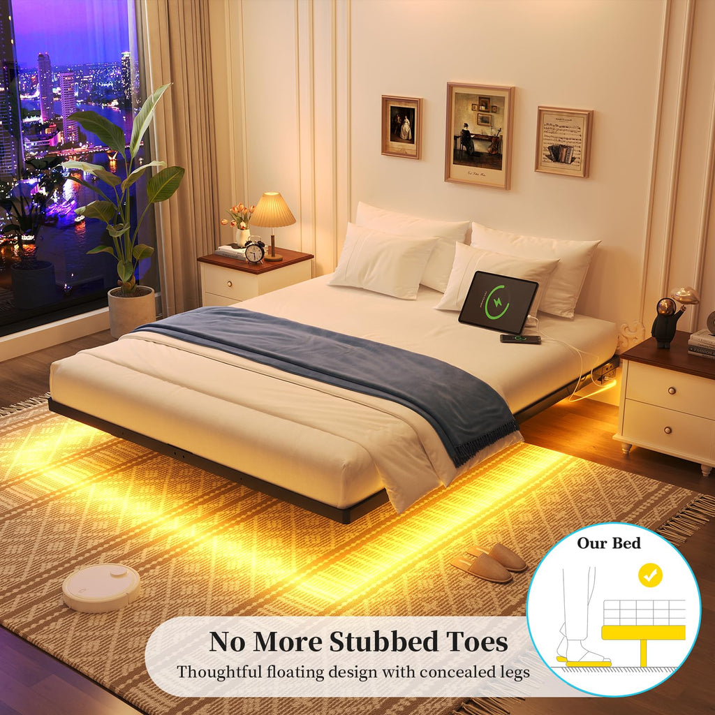 Full Size Metal Floating Bed Frame with LED Lights X495541