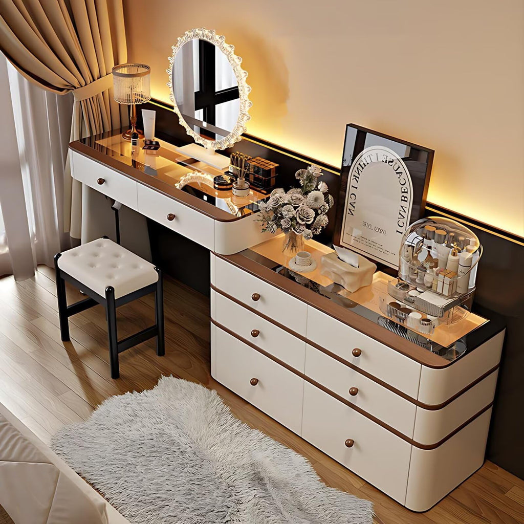 Leather Makeup Vanity with Tempered Glass Top & LED Light J577
