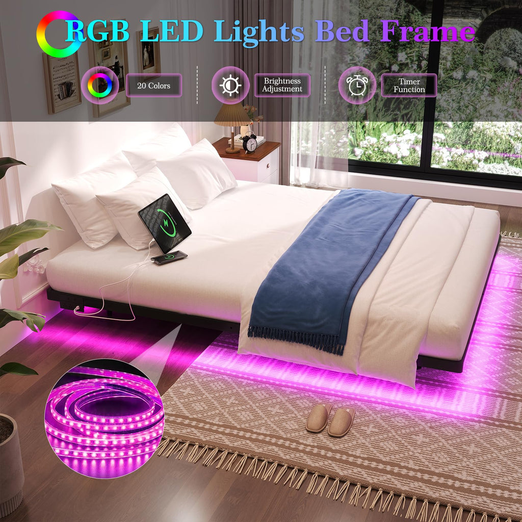 Full Size Metal Floating Bed Frame with LED Lights X495541