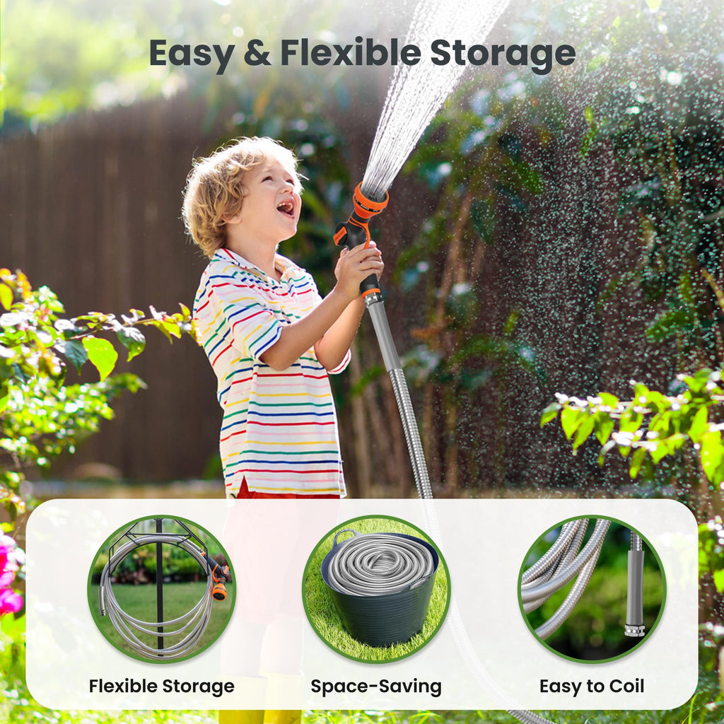 100ft Stainless Steel Garden Hose with Spray Nozzle E28465