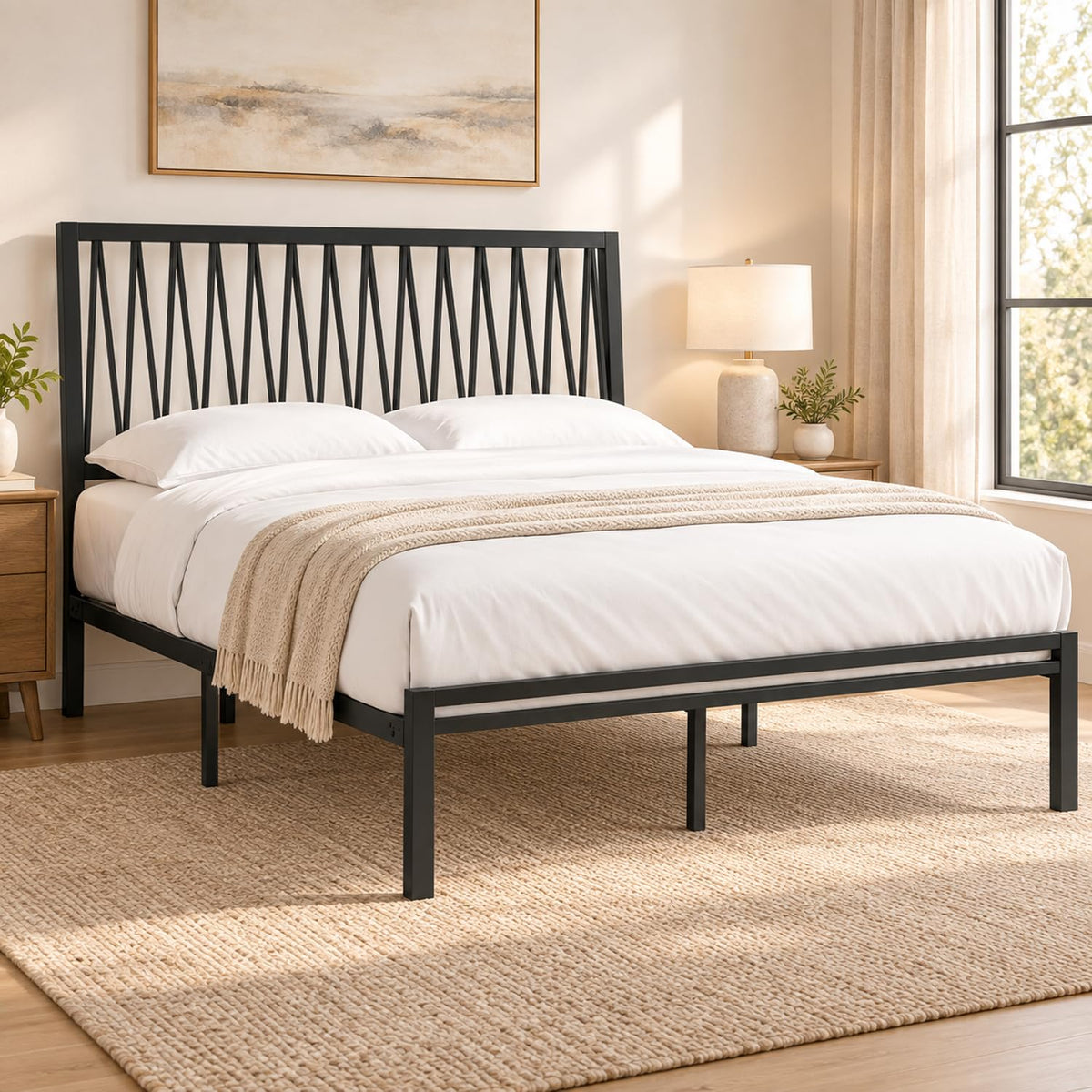 Black Metal Queen Bed Frame with Geometric Headboard Q760