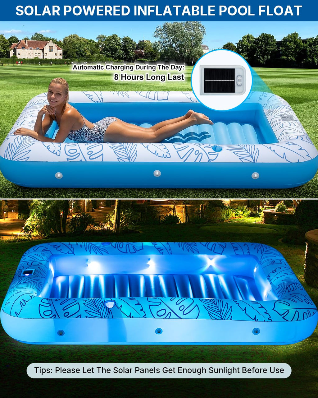 Inflatable Tanning Pool Float with Lights and Pillow D324