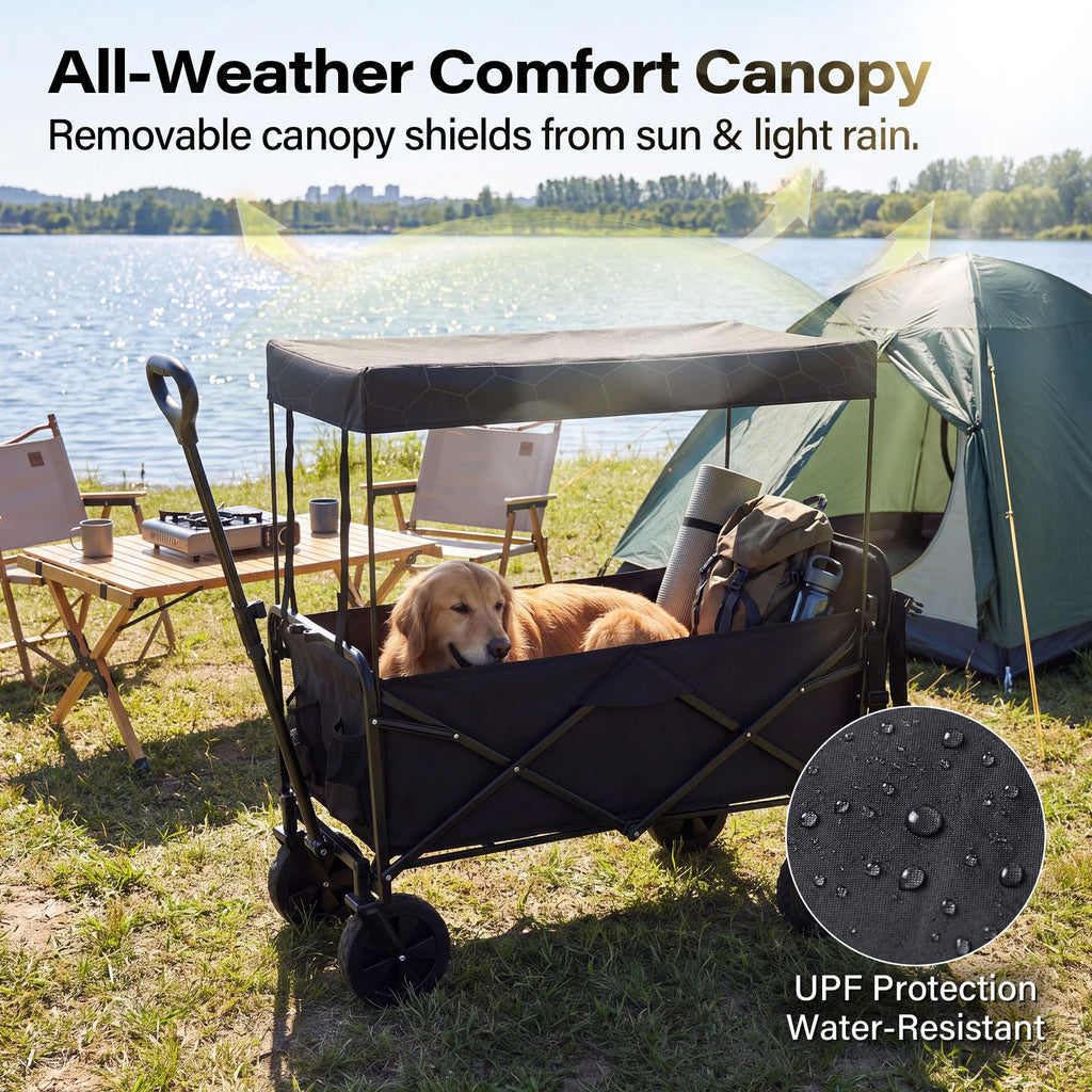 Large Dog Wagon Cart with Canopy, All-Terrain Wheels, Ramp Tailgate O33450