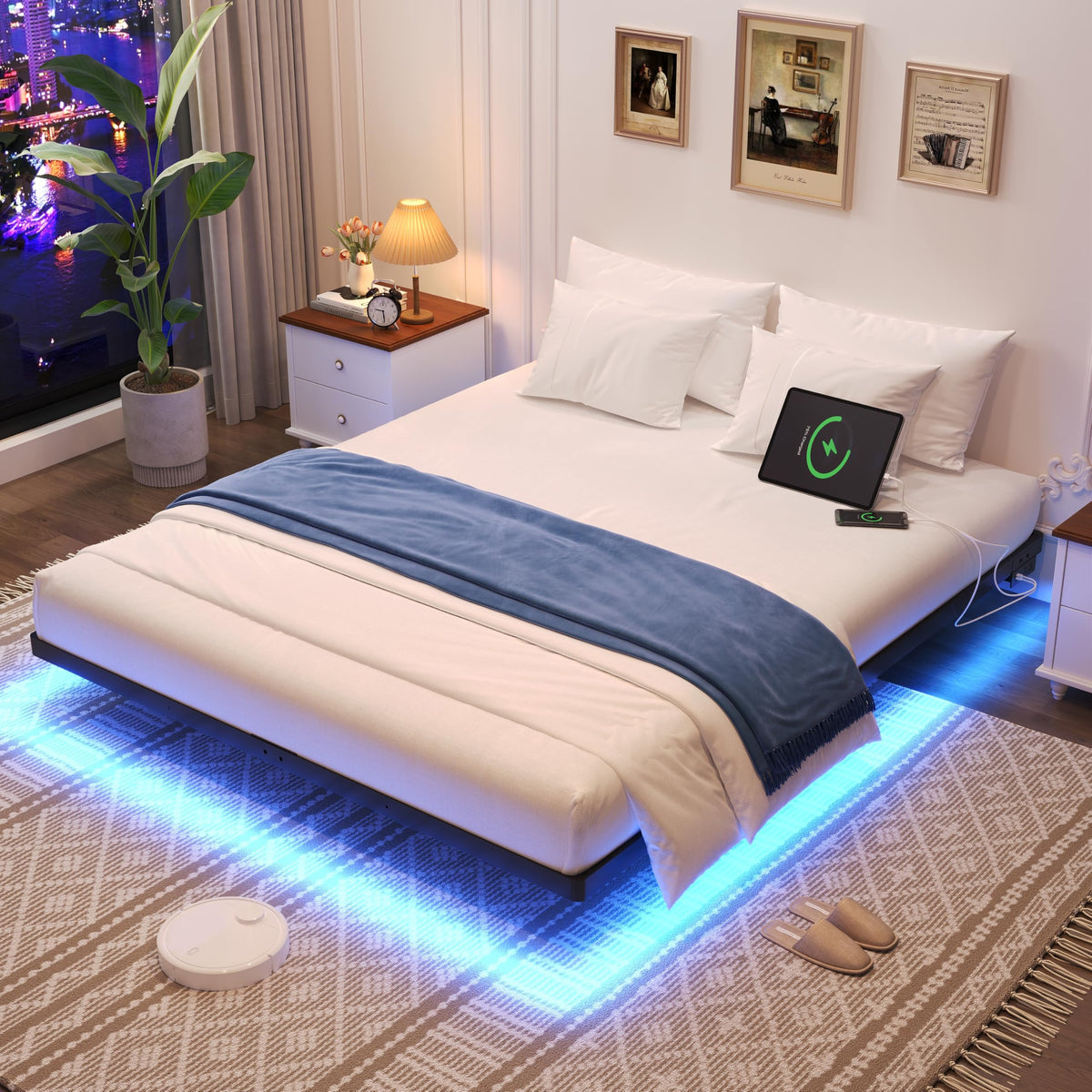 Full Size Metal Floating Bed Frame with LED Lights X495541