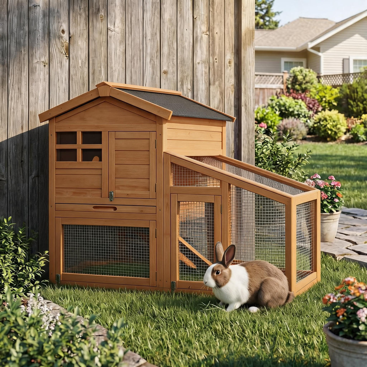 2-Story Wooden Rabbit Hutch with Run Q56584